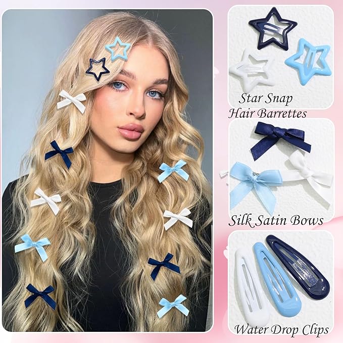 36Pcs Navy Blue Mini Bow Hair Clips Star Snap Hair Barrettes for Women White Water Drop No Slip Hair Clips Small Hair Bows Star Bowknot Hair Accessories for Teens Girls