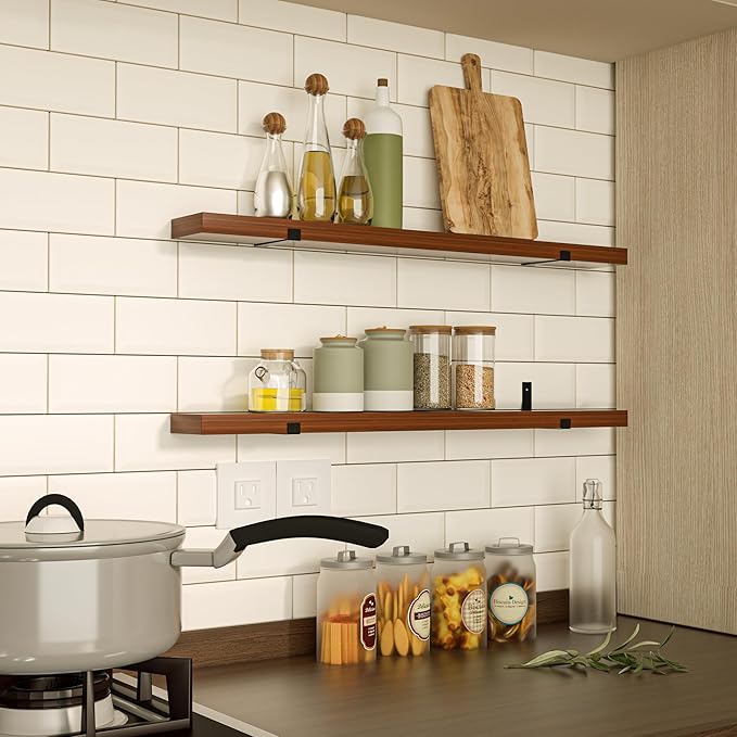 CONSDAN Floating Shelves for Wall Mounted Book Shelf Hanging Shelves Floating Bookshelf for Bedroom, Bathroom, Living Room, Kitchen USA Grown Solid Hardwood, Dark Maple 36x7.5x1.5 in (Set of 2)