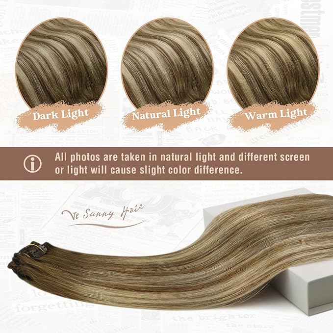 Ve Sunny Balayage Clip in Hair Extensions Brown Blonde Human Hair Clip in Extensions Ombre Hair Extensions Real Human Hair Clip ins Short Straight Hair Soft and Natural 100g 14in