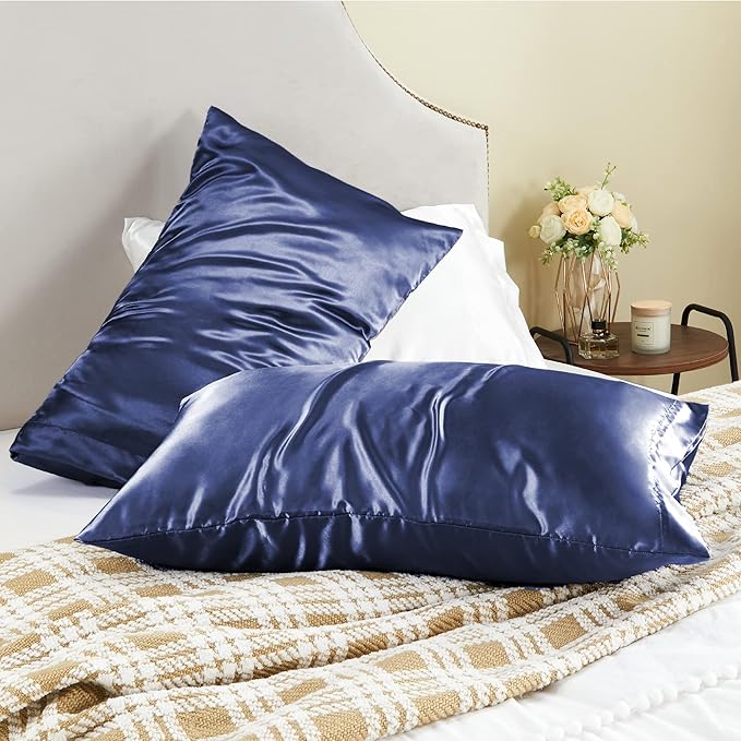 BEDELITE Satin Pillowcase for Hair and Skin, Super Soft and Cooling Similar to Silk Pillow Cases 2 Pack with Envelope Closure, Gift for Women Men(20"x30" Queen Size, Navy)
