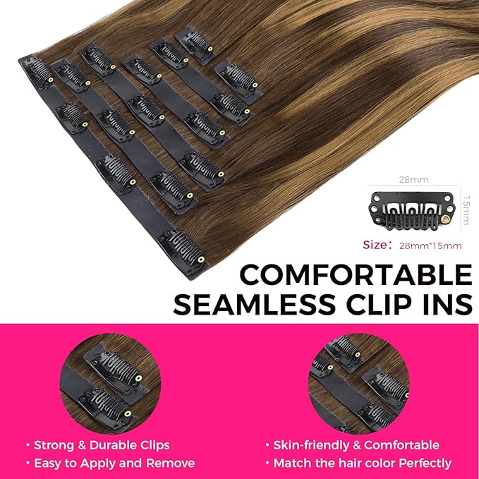 Lashey Seamless Clip in Hair Extensions Human Hair, 18 Inch 110g 7pcs Straight Balayage Chocolate Brown to Honey Blonde with Brown Root Highlight Clip in Hair Extensions for Women