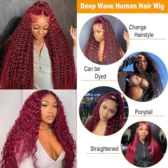 BVLBVL Burgundy Wig Human Hair 28 Inch 99j 13x6 HD Lace Front Wigs Human Hair 250 Density Deep Wave Human Hair Wig Pre Plucked Wet And Wavy No Tangle No Shedding Triple Lifespan 3x