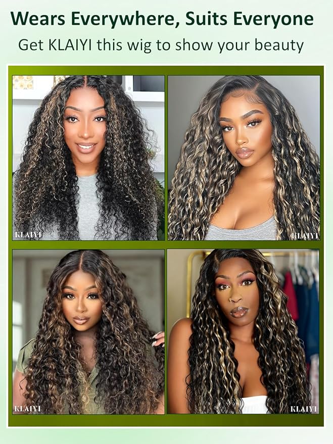 KLAIYI Ombre Highlight Blonde Water Wave Glueless Pre Everything 13x4 Lace Front Wigs Human Hair Drawstring Pre Plucked Pre Bleached Bye Bye Knots Curly Wig with Dark Roots Ready to Wear and Go 20Inch