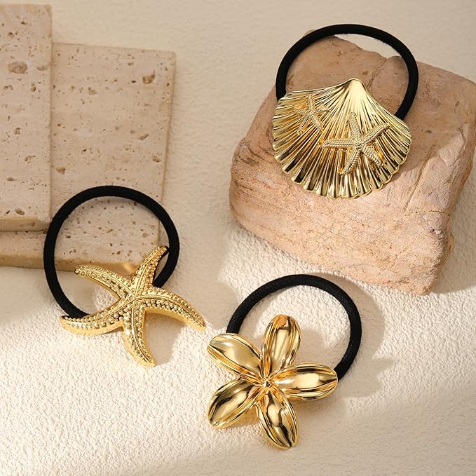 3PCS Gold Hair Ties, Metal Hair Ties for Thick Hair, Elegant Durable Geometric Design, Gold Hair Accessories Stretchy and Non-Damage Ponytail Holders, Ocean Pattern 3 Style Starfish Shell Flower