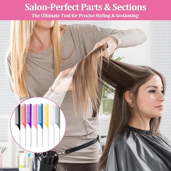 16 Pack Rat Tail Combs Set Stainless Steel Pintail Comb, Professional Rat Tail Combs for Styling, Sectioning & Hair Coloring for Salon & Home Use