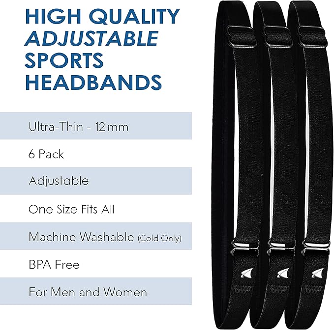 Adjustable Skinny Headbands, Elastic Hair Bands with Non Slip Silicone Grip, Lightweight and Comfortable for Women and Men (Pack of 6)