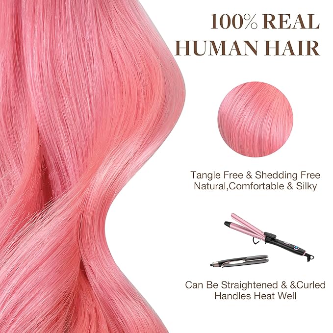 GOO GOO Tape in Hair Extensions Human Hair, Peach Pink, 16inch 25g 10pcs, Colored Tape ins Human Hair Extensions, Silky&Soft Invisible Tape Ins, Hair Highlighted for Party