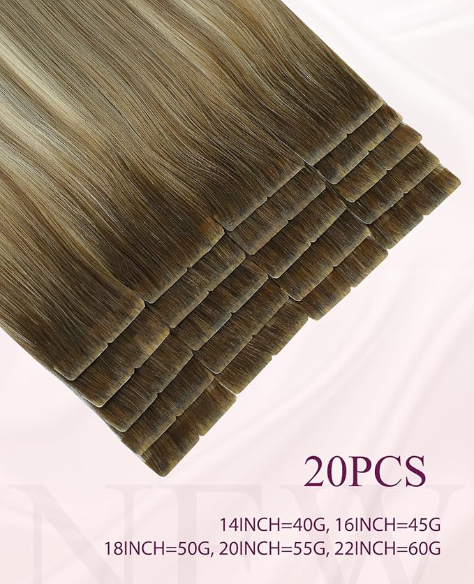 Pinkpearl Invisible Tape in Hair Extensions Human Hair, 20pcs 14inch 40g #3/8/22 Balayage Walnut Brown to Ash Brown and Golden Blonde Injection Tape in Extensions Real Remy Human Hair Injected