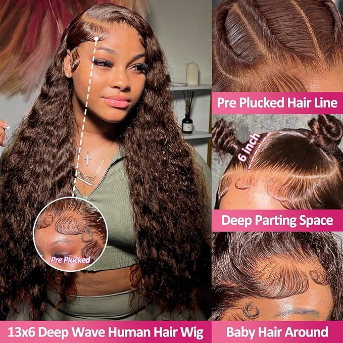 13x6 Lace Front Wigs Human Hair 200 Density Chocolate Brown Deep Wave HD Lace Front Wigs Human Hair Pre Plucked Brown Curly Wig Human Glueless Wigs for Women (24 Inch)