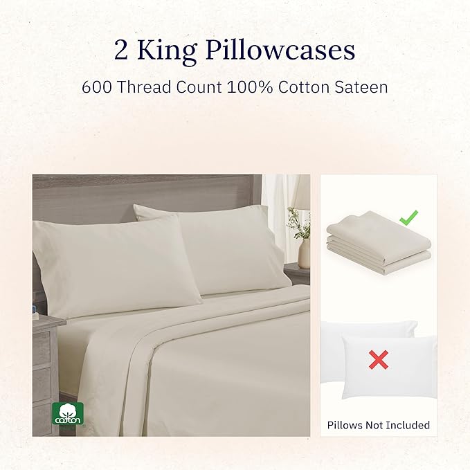 California Design Den Luxuriously Soft Premium 600 Thread Count, 100% Cotton Set of 2 Cases, Crisp King Size Pillow Case Set of 2, Fits King Pillows - Ivory (Warm Cream)