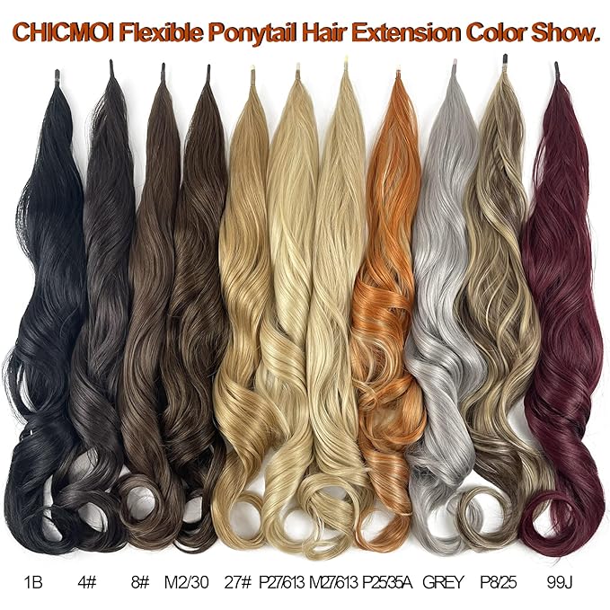 Chicmoi Chocolate Brown Ponytail Extainson with Blonde Highlight 32 Inch Flexible Wrap Around Ponytail Hair Extension Long Wavy Pony Tails hair Extension Synthetic Hairpieces For Women and Girls