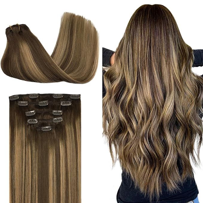 DOORES Hair Extensions Clip in Human Hair, 5pcs 80g Balayage Chocolate Brown to Caramel Blonde 18 Inch Clip in Hair Extensions Natural Straight