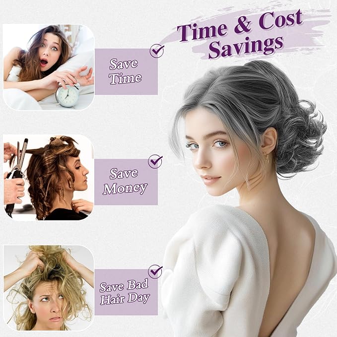 BARSDAR Short Gray Ponytail Extension - 10 Inch Loose Curly Wavy Drawstring Comb Clip Pony Tails Hairpieces for Women, Synthetic Clip in Ponytail Hair Extensions Daily - Silver Grey