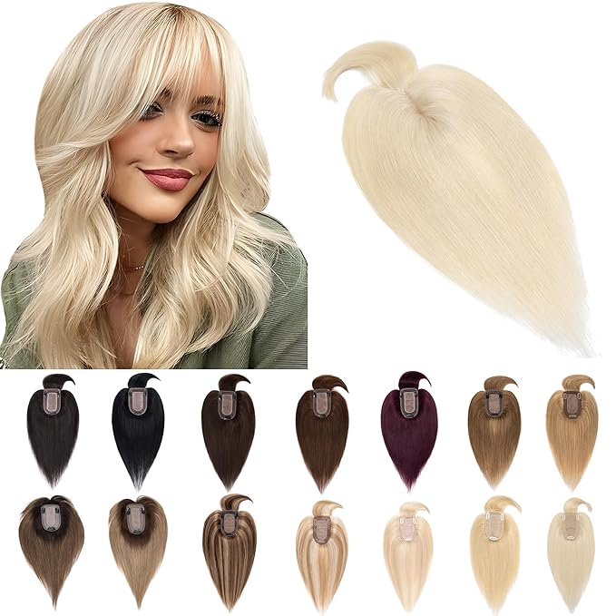 SEGO Hair Toppers for Women Real Human Hair With Bangs, 7 * 13CM Silk Base 100% Remy Human Hair Clip in Top Wiglet Hairpieces Add Volume -14 Inch Platinum Blonde