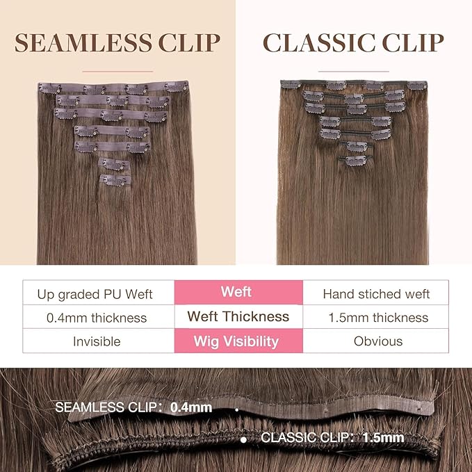 GOO GOO Clip in Hair Extensions Real Human Hair, Remy Human Hair Extensions Clip ins for Women, Natural Human Hair, 22 Inch 140g 7Pcs, 5 Light Ash Brown