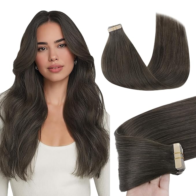 GOO GOO Tape in Hair Extensions Human Hair, 1C Mocha Brown, 24inch 50g 20pcs, Skin Weft Seamless Invisible, Silky Straight with Thick Ends, Remy Human Hair