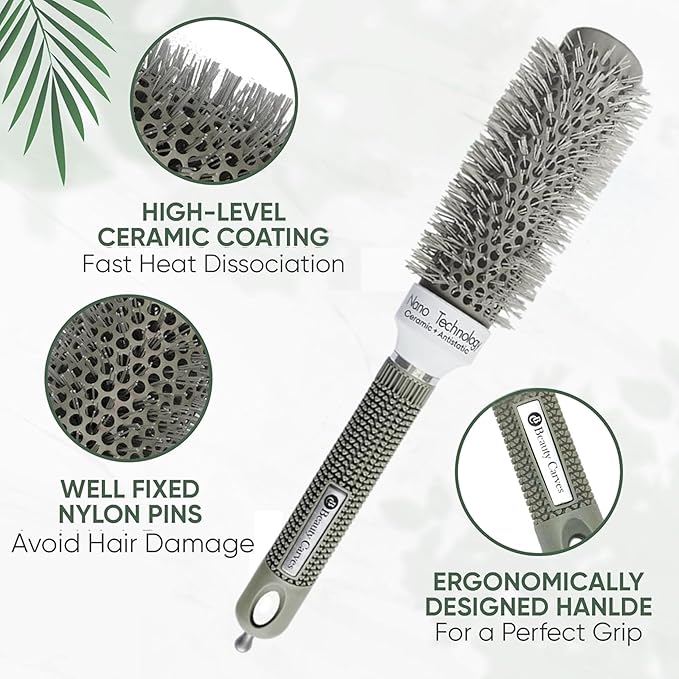 Round Brush, 32 mm/1.3 Inch Barrel with 2 Clips – Round Hair Brush with Flexible Nylon 66 Bristles Nano Ionic Heat Resistant Tech for Professional Curling, Styling & Shining Texture