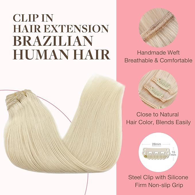 GOO GOO Clip in Hair Extensions Real Human Hair, Remy Human Hair Extensions Clip ins for Women, Natural Human Hair, 26inch 180g 7Pcs, #60A Platinum Blonde