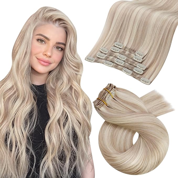 Moresoo Clip in Hair Extensions Real Human Hair Double Weft Human Hair Clip in Extensions Straight Ash Blonde Highlighted with Blonde 5pcs 80g 18inch