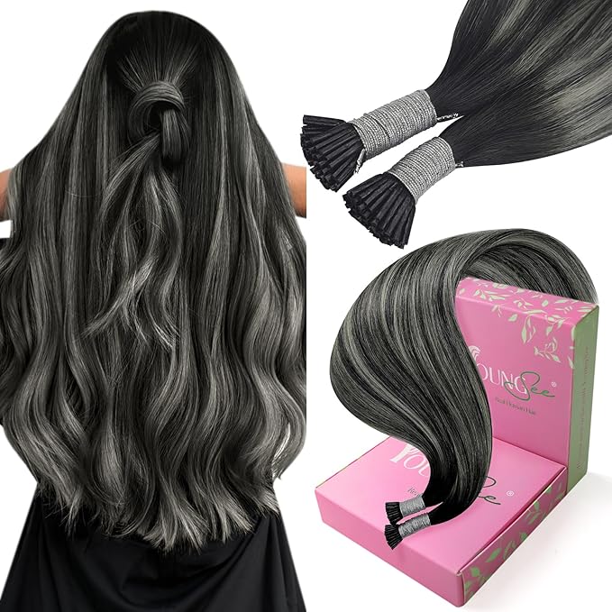 YoungSee Itip Hair Extensions Real Human Hair Ombre 14 Inch I Tip Hair Extensions Balayage Black Itip Human Hair Extension Black Ombre Silver I Tips Extension 50g 80s Itips Extension for Short Hair