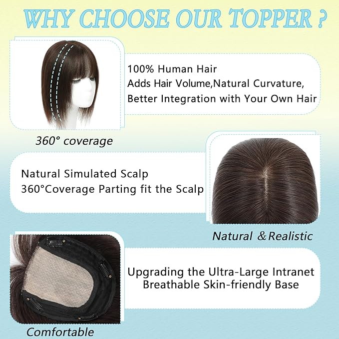 Hair Toppers for Women Real Human Hair, 360° 3D Toppers Hairpieces for Women with Thinning Crown Wispy Clip in Bangs 12 Inch Upgrade Big Base (Dark Brown, 12 Inch Wispy Bangs)