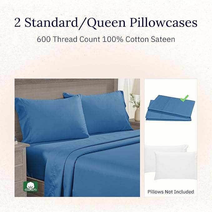 California Design Den Pillow Cases Queen/Standard Set of 2-600 Thread Count Sateen, Natural 100% Cotton Pillow Case Pair, Crisp, Durable Bedding - Parisian Blue
