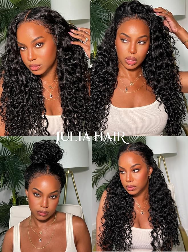 Julia Hair Bye Bye Knots Wig 13x4 Glueless Wigs Human Hair Mixed Curls Water Wave and Jerry Curly Fluffy Wig Pre Everything Pre Plucked Pre Cut HD Lace Bleached Knots Natural Black 24 Inch