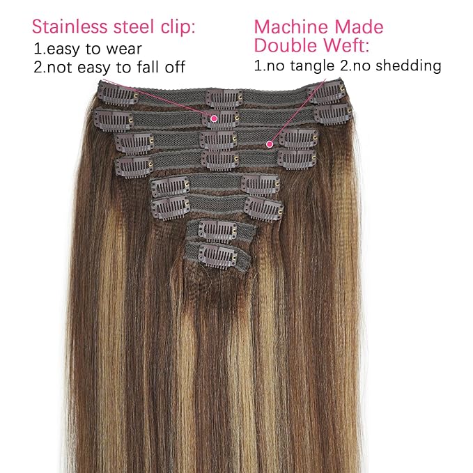 #4/27/4 Yaki Straight Clip in Hair Extensions Real Human Hair Omber Clip ins For Women Yaki Straight Clip on Hair(24inch,T1BP1B/30)