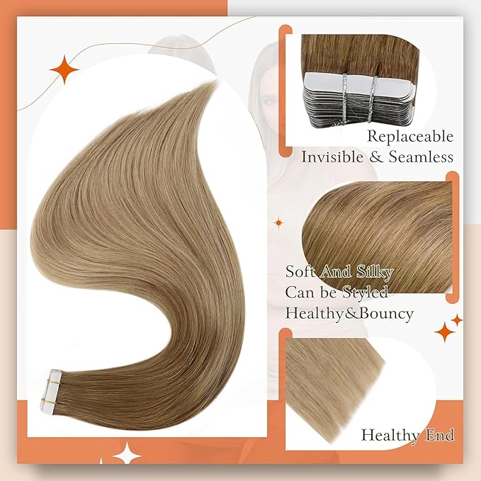 Full Shine Tape in Hair Extensions 22Inch Double Sided Tape in Hair Ombre Color 10 Golden Brown Fading to 14 Dark Blonde Real Hair Extensions 50G 20Pcs Seamless Skin Weft Remy Tape Extension for Women