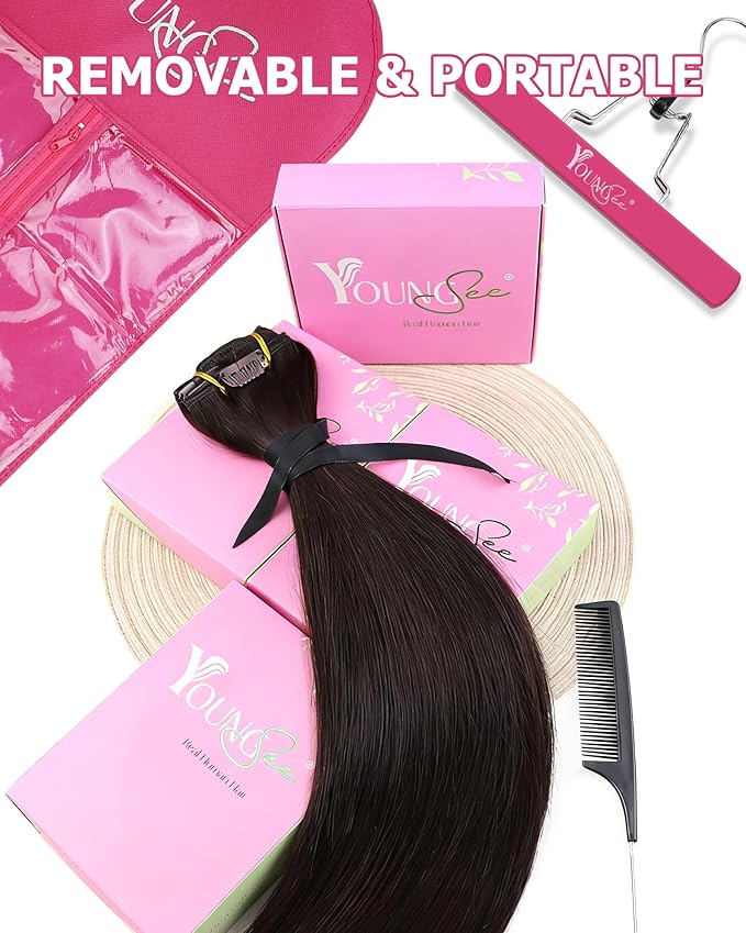 YoungSee Clip in Human Hair Extensions Darkest Brown Real Human Hair Extensions Clip ins Brown Clip in Hair Extensions for Black Women 7Pcs 12Inch 85G
