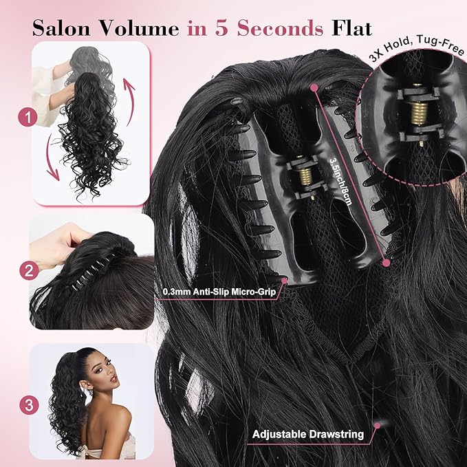 QGZ 20" Wavy Ponytail Extension, Claw Clip Ponytail Hair Extension, Natural Synthetic Hairpiece for Women Daily Use(Black Brown)