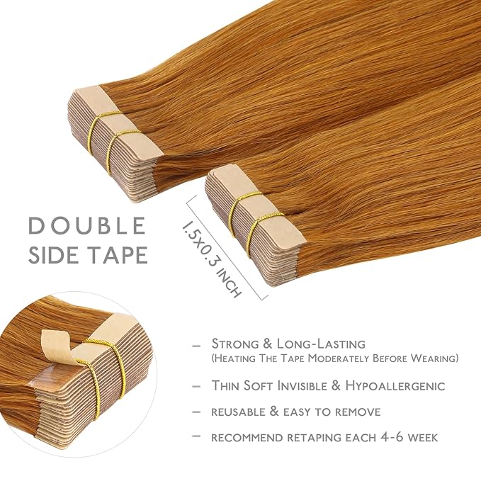 WENNALIFE Tape in Hair Extensions Human Hair, 20pcs 60g 26 inch Auburn Ginger Remy Hair Extensions for Women Tape Ins Straight Extensiones De Cabello Humano Skin Weft