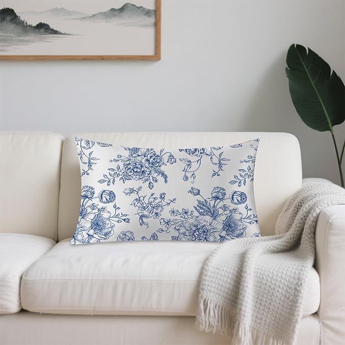 Satin Pillowcase 1 Pack-Blue Flowers Peonies Roses Silky Pillow Cover for Hair and Skin,King Size 20x36 Inch Soft Cooling Printed Pillow Cases with Hidden Zipper,Gifts for Women Men