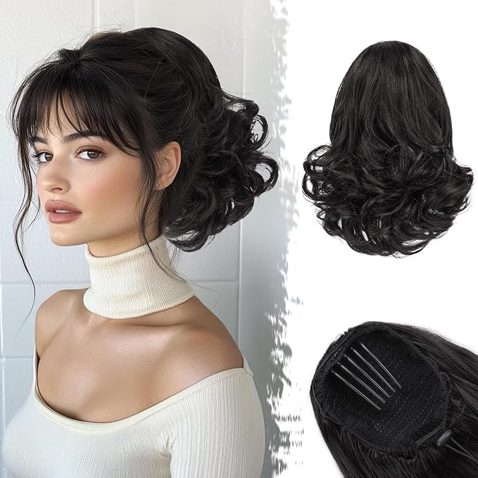 BARSDAR Drawstring Ponytail Extension - 10 Inch Short Wavy Black Brown Ponytail Extensions for Women - Synthetic Comb Clip in Ponytail Hairpieces Fake Pony Tails Daily - Black Brown