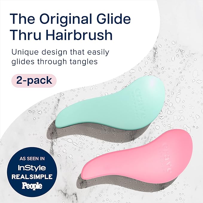 Crave Naturals Glide Thru Detangler Brush Pack of 2 - Curly Hair Brush for Women and Kids - Wet and Dry Comb for Adults - Soft Flexible Bristles for Gentle Use - Turquoise and Pink