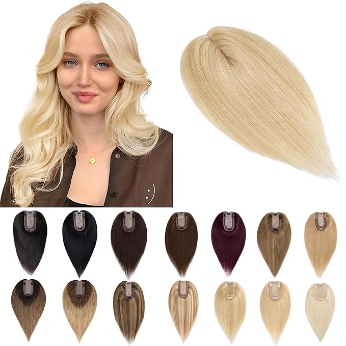 SEGO Human Hair Toppers for Women With Thinning Hair, 7 * 13CM Silk Base 100% Real Human Hair Clip in Top Wiglet Hairpieces /12 Inch No Bangs Ash Blonde&Bleach Blonde