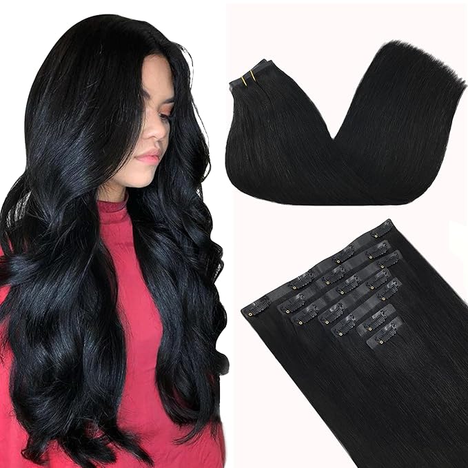 GOO GOO Clip in Hair Extensions Real Human Hair, Remy Human Hair Extensions Clip ins for Women, Natural Human Hair, 22inch 160g 7Pcs, #1 Jet Black