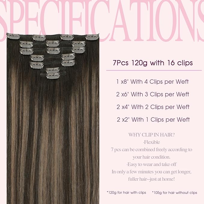 PINKPEARL Clip in Hair Extensions Human Hair Extensions, #2/6/2 Balayage Dark Brown to Chestnut Brown 120g 7pcs 14 Inch Real Human Hair Extensions Clip in Straight Remy Silky Weft(#2/6/2-14)