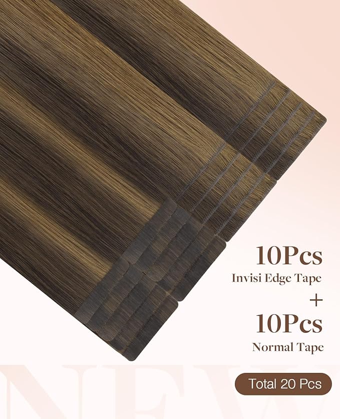 GOO GOO Invisi Edge Tape in Hair Extensions Human Hair, 2C/4E/6C Brown Sugar Swirl Highlights 10pcs injected with 10pcs classical tape ins, 18inch 50g, Virgin Remy Hair, Natural Look