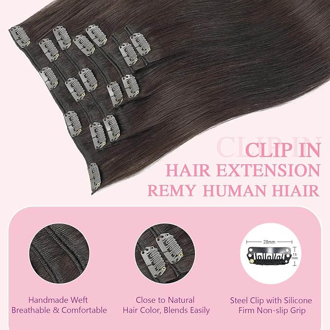PINKPEARL Human Hair Extensions Clip ins 18inch Clip in Hair Extensions #2 Dark Brown Real Human Hair Clip on 120g 7pcs Remy Hair Clip ins for Women(#2-18)