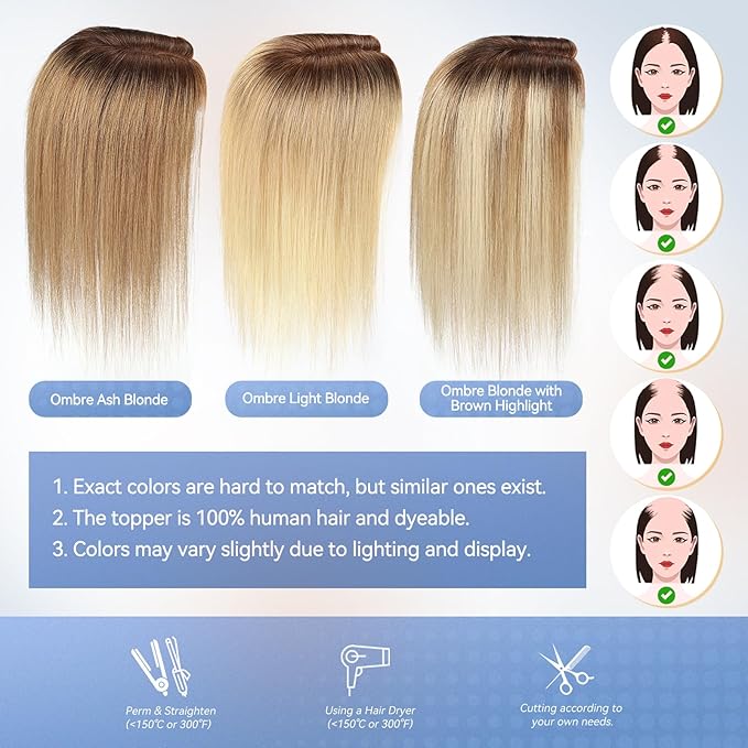 HAIRCUBE Hair Toppers for Women 100% Real Human Hair,Ombre Ash Blonde,6"*5.5"MONO Large Base,65g Hand-moven Real Human HairToppers for Women with ThinningHair