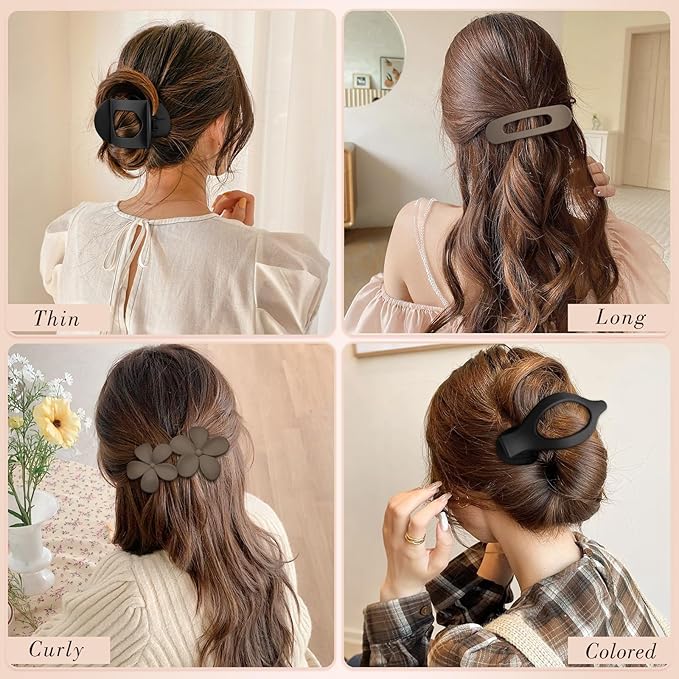 Obeoby 8 Pcs Flat Hair Clips for Women, 4 Types French Flat Claw Clips Hair Accessories Barrettes Flowers Duckbill Large Medium Stocking Stuffers Christmas Gifts (Coffee, Black)