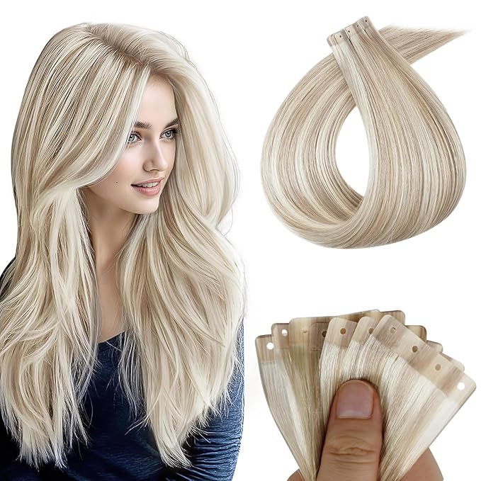 Full Shine Tape ins Human Hair Extensions 20PCS 18 Ash Blonde 613 Highlight Blonde 50G 22INCH Tape in Extensions Tape in with Holes No Glue No Clips for Daily Wear PU Hair Extension