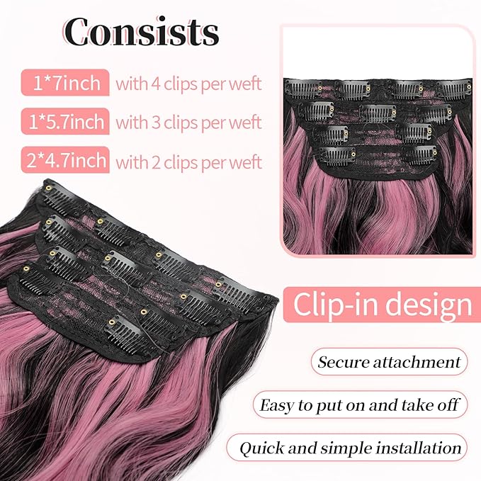 KooKaStyle Clip in Hair Extensions 4PCS Long Wavy Natural & Soft Hairpieces for Women 24 Inch for Women(Natural Black Pink)