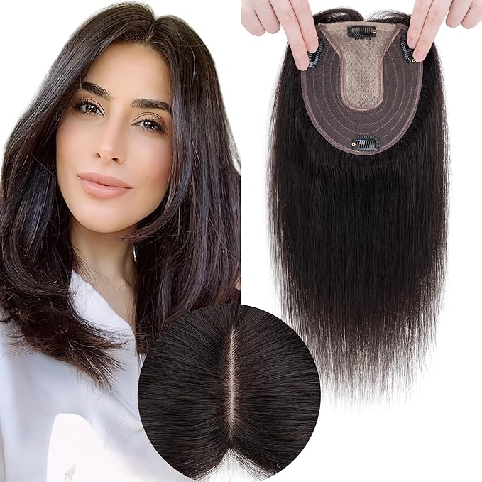 Hair Toppers for Women Real Human Hair No Bangs, 13 * 15 cm Larger Silk Base 150% Density Clip In Topper Hairpieces, Wiglet Top Pieces Add Volume -10 Inch 01B Natural Black