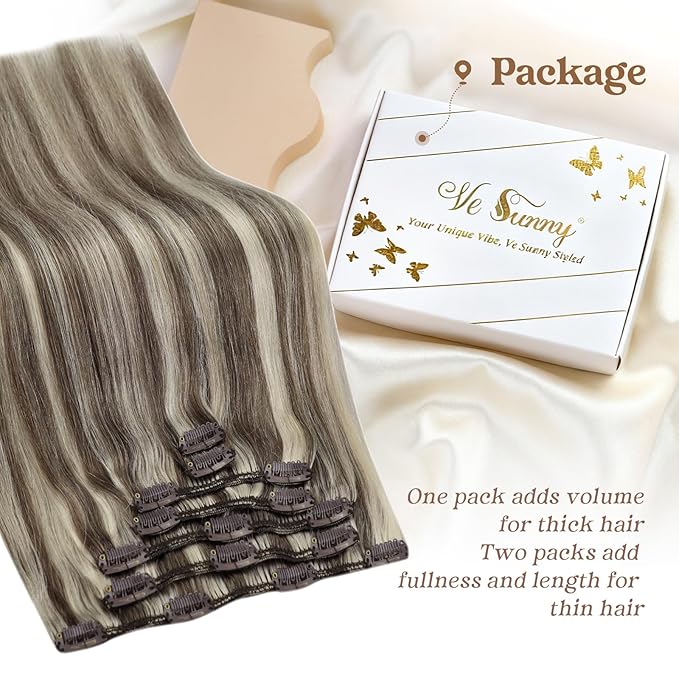 Ve Sunny 24 inch Hair Extensions Clip in Real Human Hair Light Brown Highlight Platinum Blonde Hair Extensions Clip ins Remy Straight Human Hair for Women 7pcs 120g
