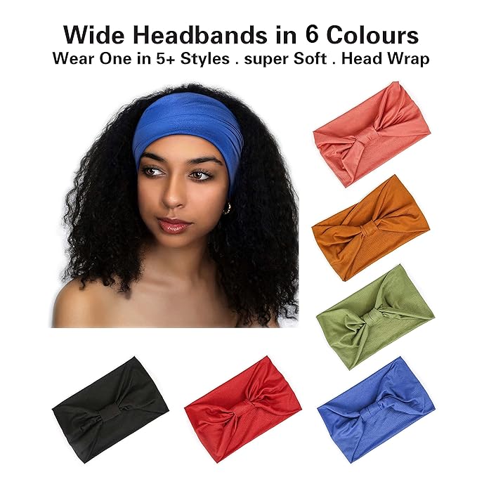 GiLi 6 Pack Wide Headbands for Women Non Slip Soft Elastic Hair Bands Yoga Running Sports Workout Gym Head Wraps, Knotted Cotton Cloth African Turbans Bandana (with 6 Pcs Hair Ties)