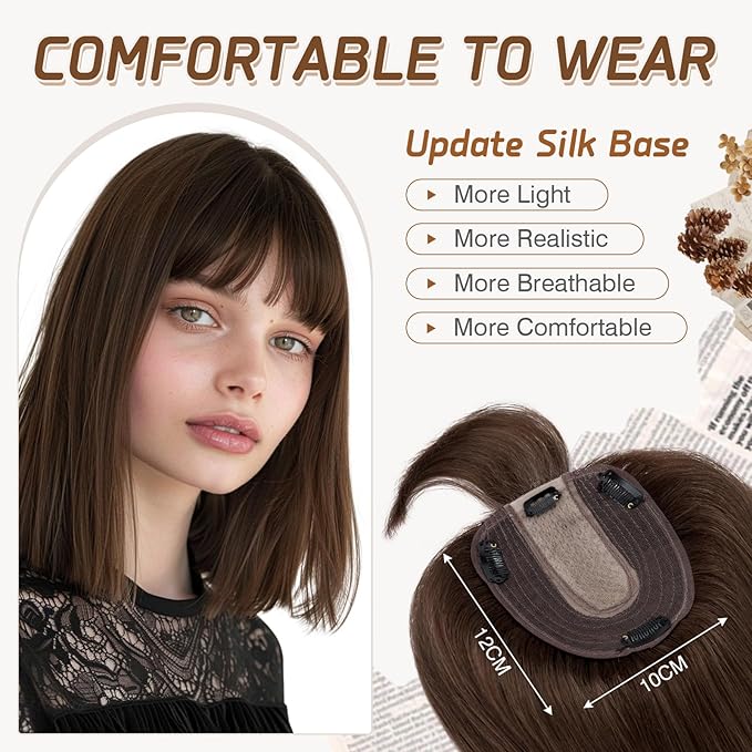 Rich Choices Hair Toppers for Women Real Human Hair 100% Remy Human Hairs Topper With Bang for Thinning Hairs Clip in Silk Base Topper 12 Inch #4 Medium Brown
