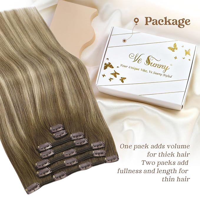 Ve Sunny Clip in Hair Extensions Real Human Hair Balayage Brown with Blonde Clip in Extensions for Women Real Hair Extensions Clip in Human Hair 14inch 100g