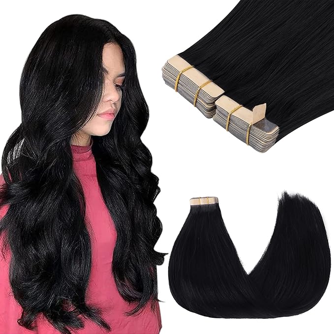 GOO GOO Tape in Hair Extensions Human Hair, 1 Jet black, 22inch 100g 40pcs, Skin Weft Seamless Invisible, Silky Straight with Thick Ends, Remy Human Hair